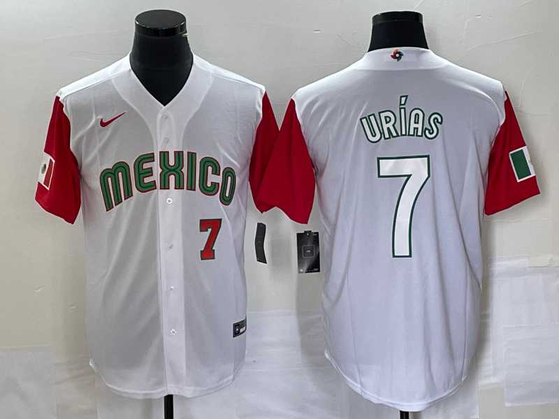 Men's Mexico Baseball #7 Julio Urias Number 2023 White Red World Classic Stitched Jersey 35